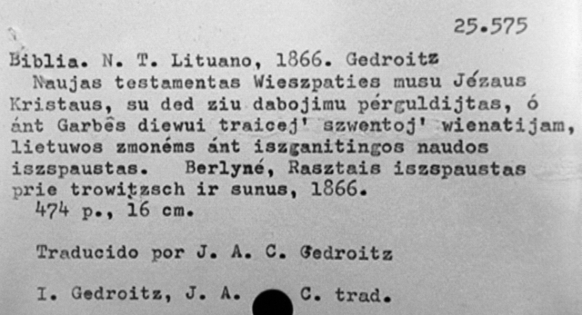 Grafo Giedraičio lietuviškai išversto ir Berlyne 1816 m. išleisto Šv. Rašto kortelė Venesuelos nacionalinėje bibliotekoje
